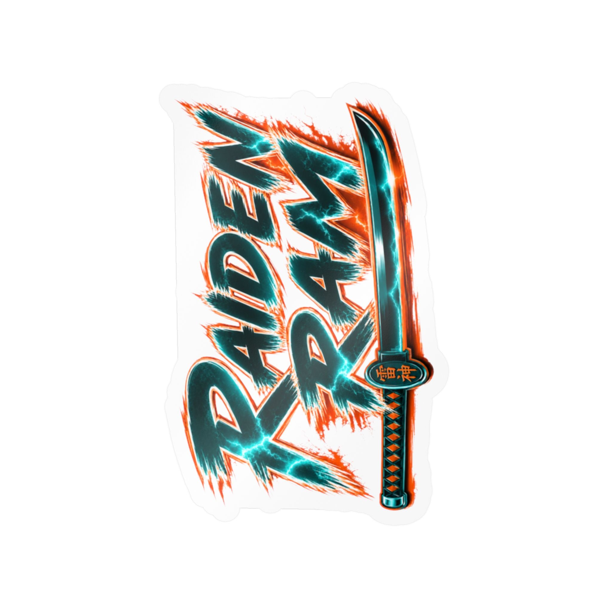 Raiden Ram Katana Kiss-Cut Vinyl Decal — Retro Neon Samurai Sticker for Laptops, Water Bottles & Car Windows