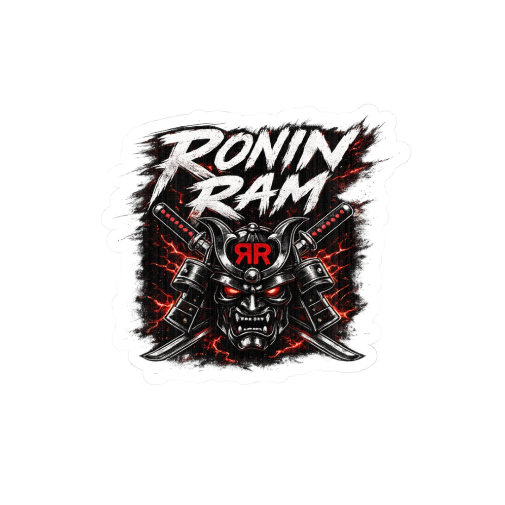 Ronin Ram Samurai Helmet Kiss-Cut Sticker — Red & Black Skull Mask Laptop Decal