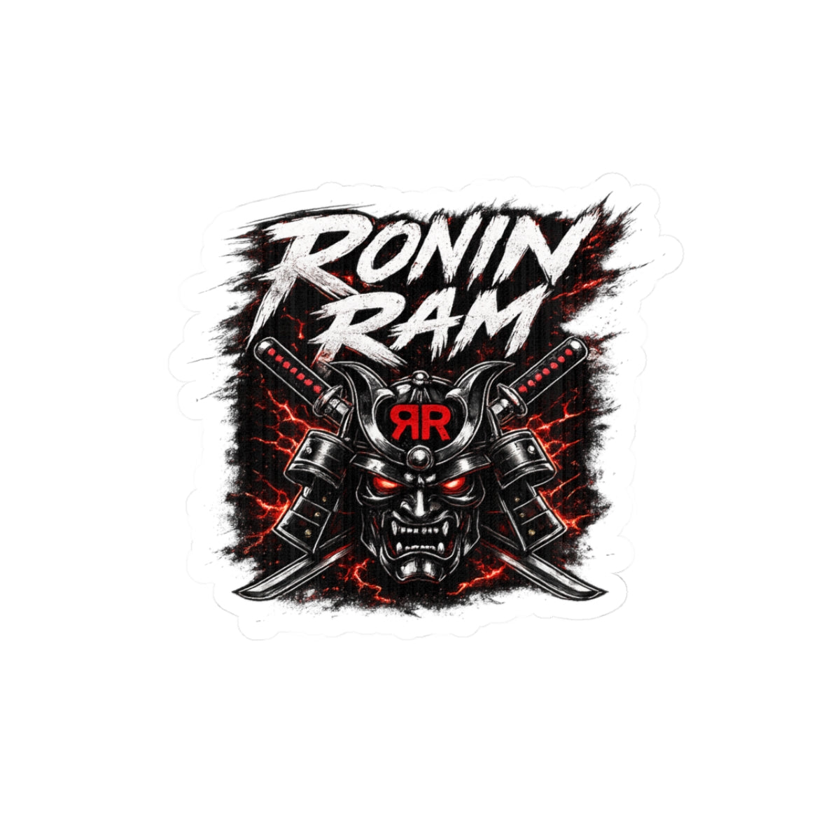 Ronin Ram Samurai Helmet Kiss-Cut Sticker — Red & Black Skull Mask Laptop Decal