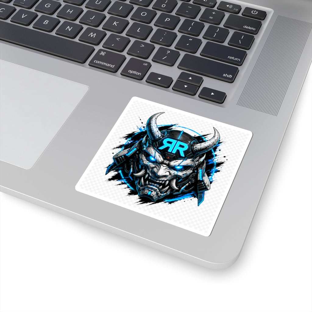 Samurai Demon Sticker — Blue Cyber Oni Kiss-Cut Decal for Laptops & Gear