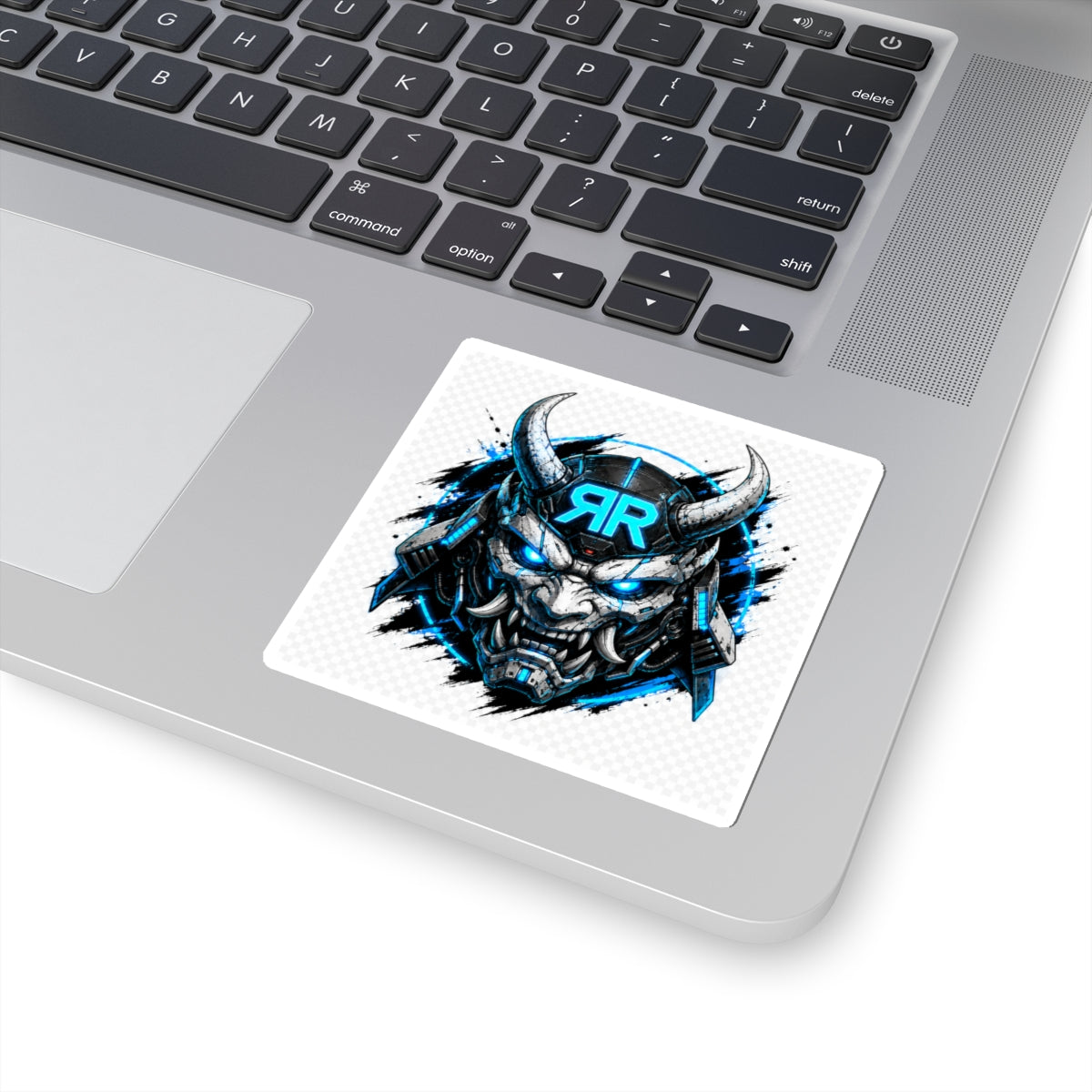Samurai Demon Sticker — Blue Cyber Oni Kiss-Cut Decal for Laptops & Gear