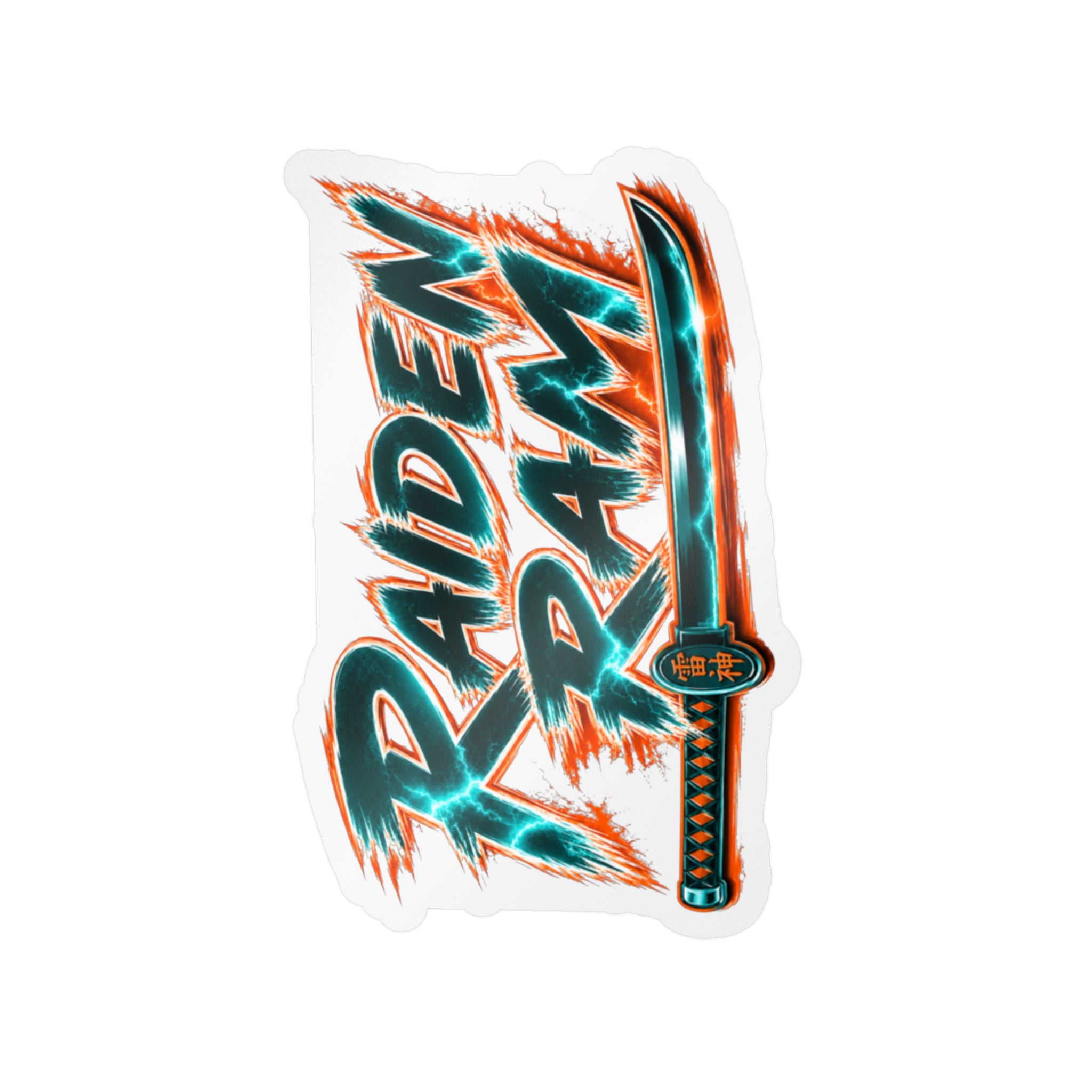 Raiden Ram Katana Kiss-Cut Vinyl Decal — Retro Neon Samurai Sticker for Laptops, Water Bottles & Car Windows