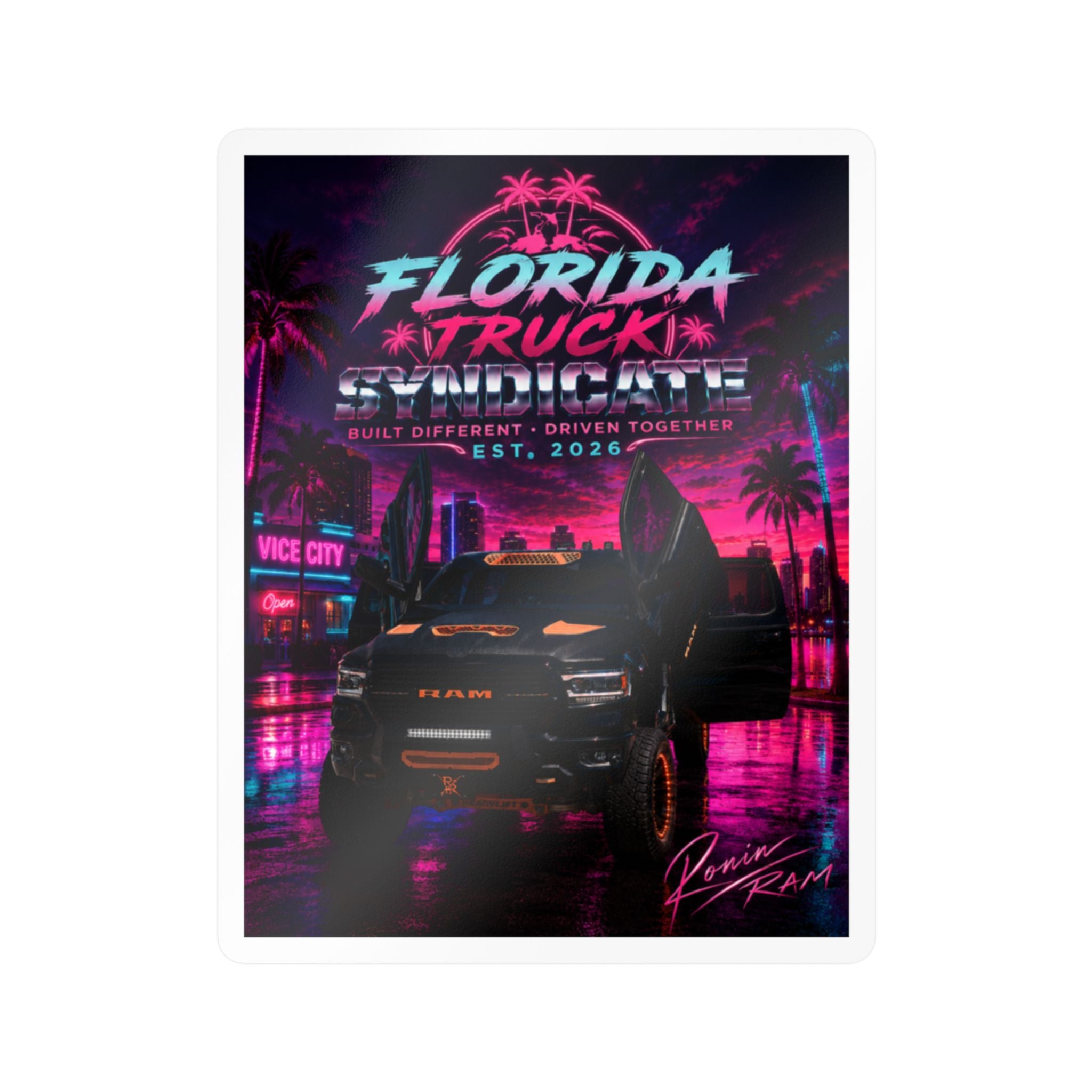 Florida Truck Enthusiast Vinyl Sticker — Retro Neon 'Florida Truck Syndicate' Kiss-Cut Decal