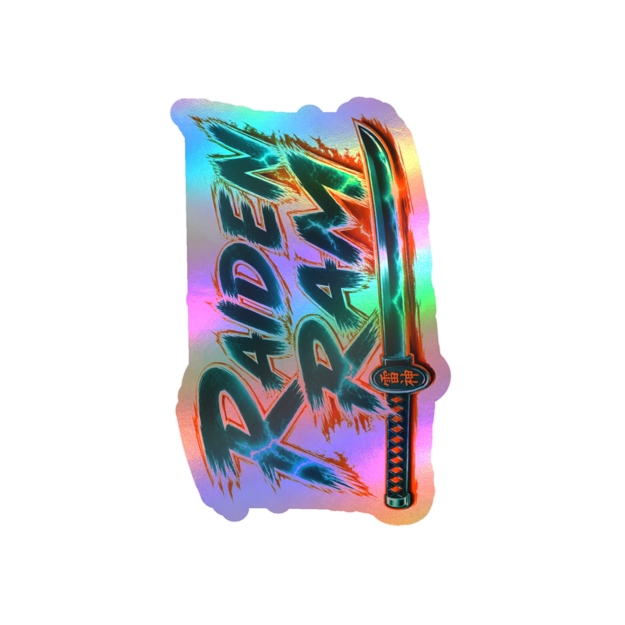 Raiden Ram Katana Kiss-Cut Vinyl Decal — Retro Neon Samurai Sticker for Laptops, Water Bottles & Car Windows