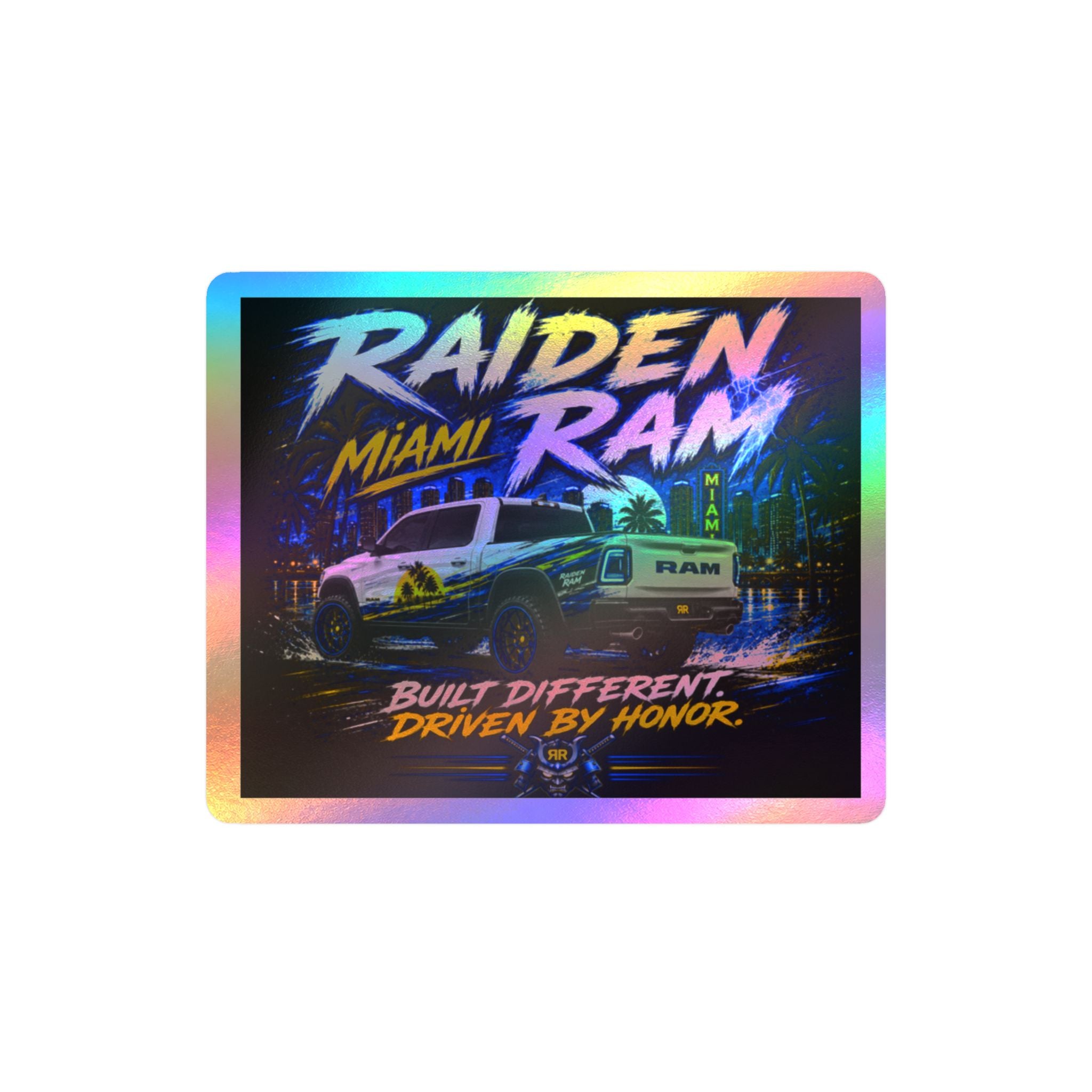 Raiden Ram Truck Kiss-Cut Vinyl Decal — "Built Different, Driven by Honor" Miami Night Design