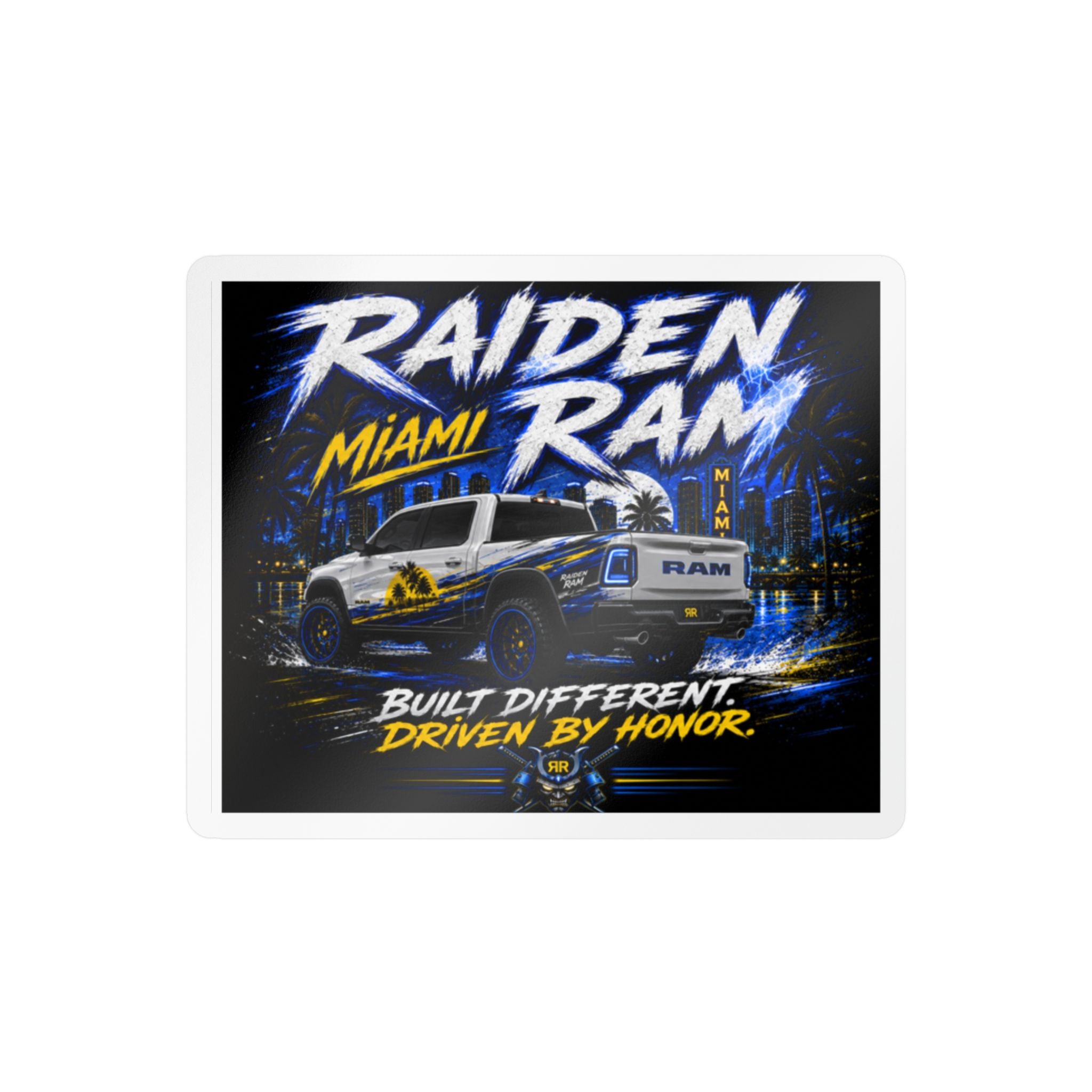 Raiden Ram Truck Kiss-Cut Vinyl Decal — "Built Different, Driven by Honor" Miami Night Design