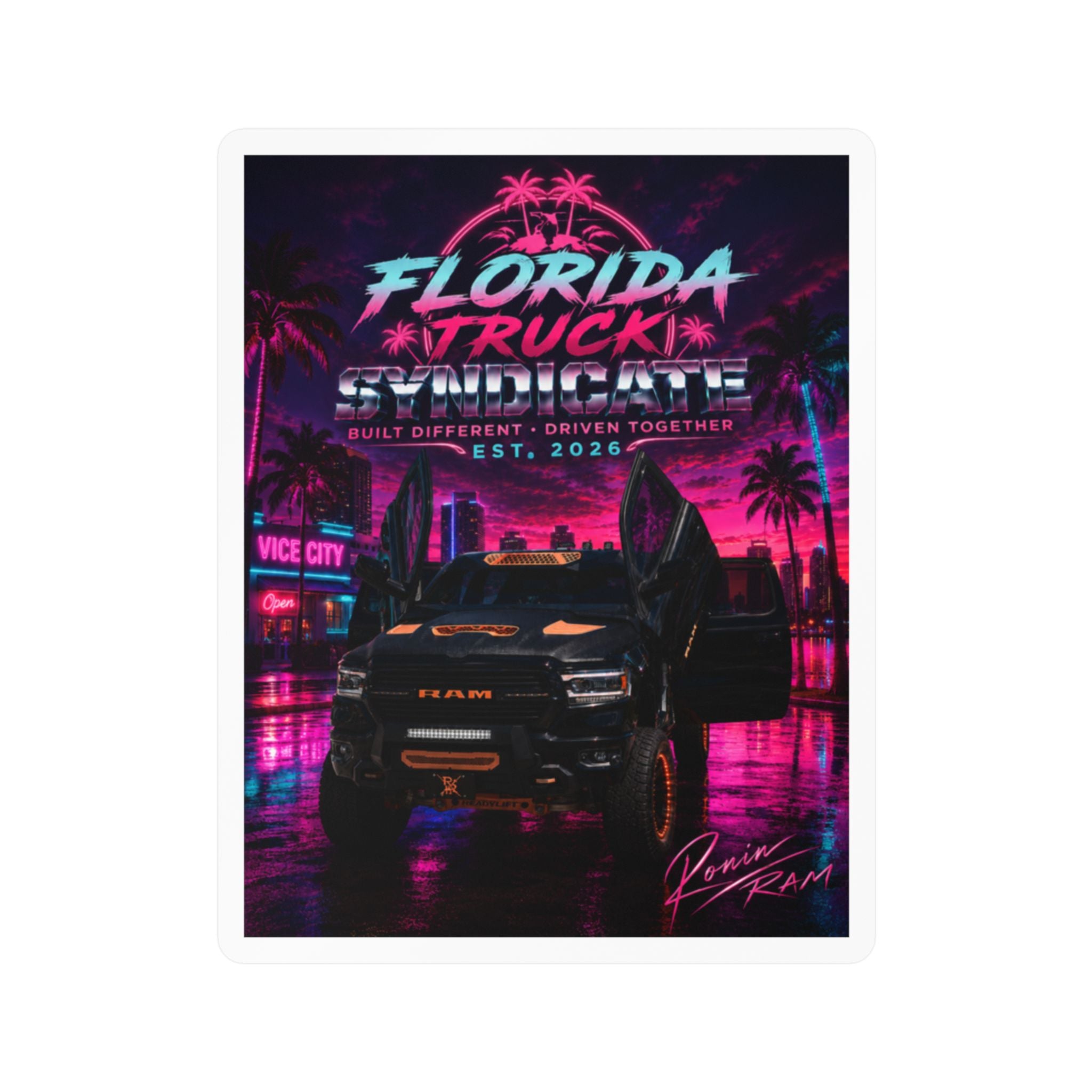 Florida Truck Enthusiast Vinyl Sticker — Retro Neon 'Florida Truck Syndicate' Kiss-Cut Decal