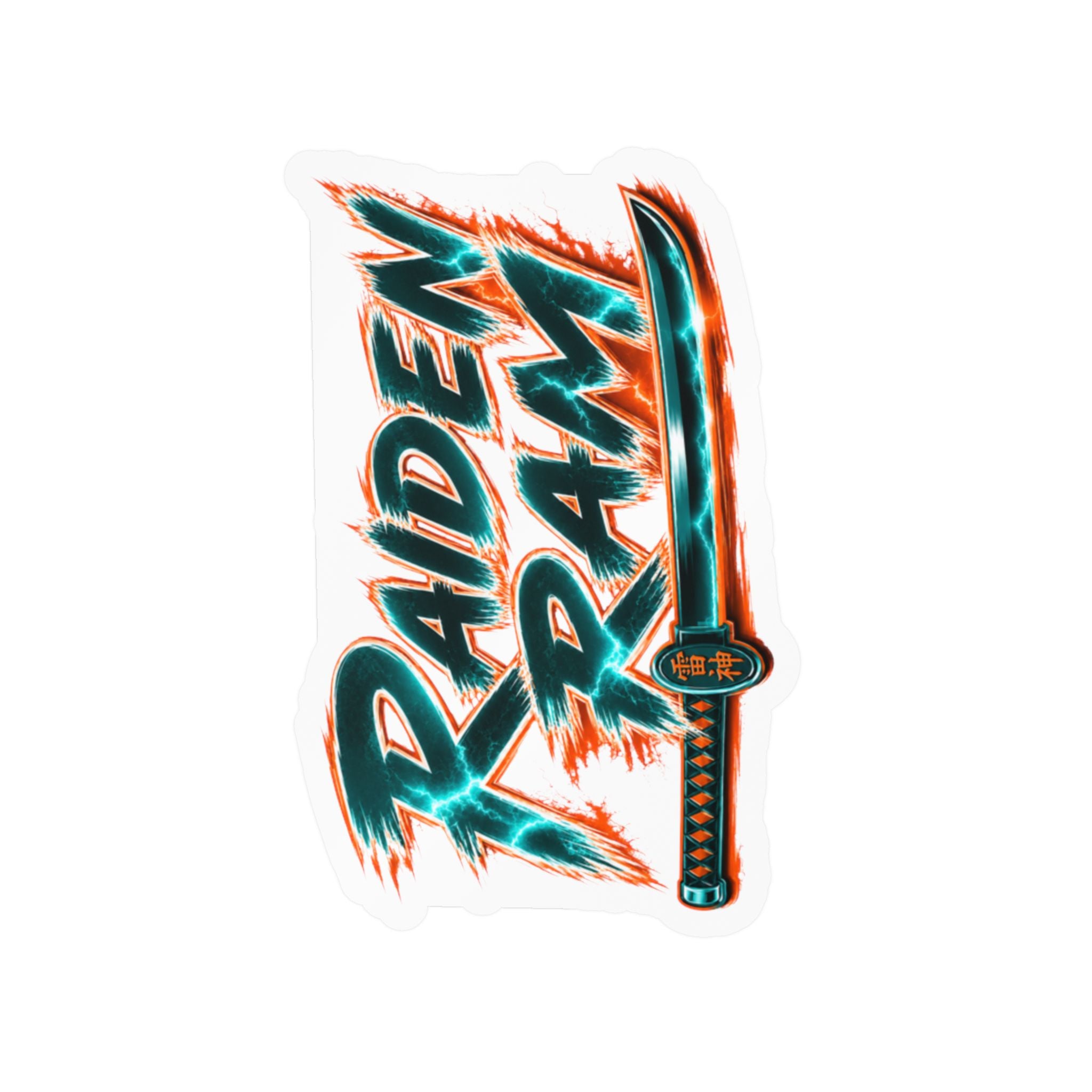 Raiden Ram Katana Kiss-Cut Vinyl Decal — Retro Neon Samurai Sticker for Laptops, Water Bottles & Car Windows