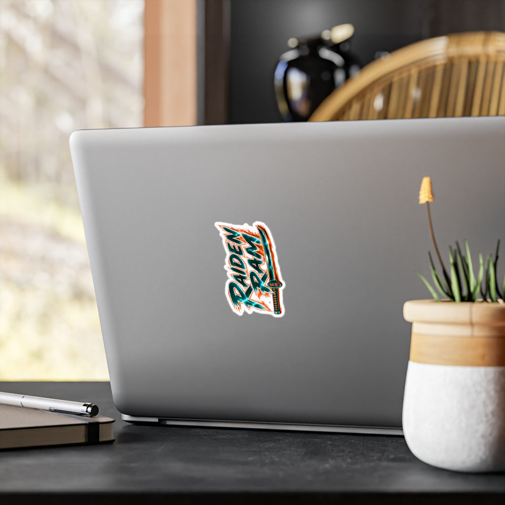 Raiden Ram Katana Kiss-Cut Vinyl Decal — Retro Neon Samurai Sticker for Laptops, Water Bottles & Car Windows