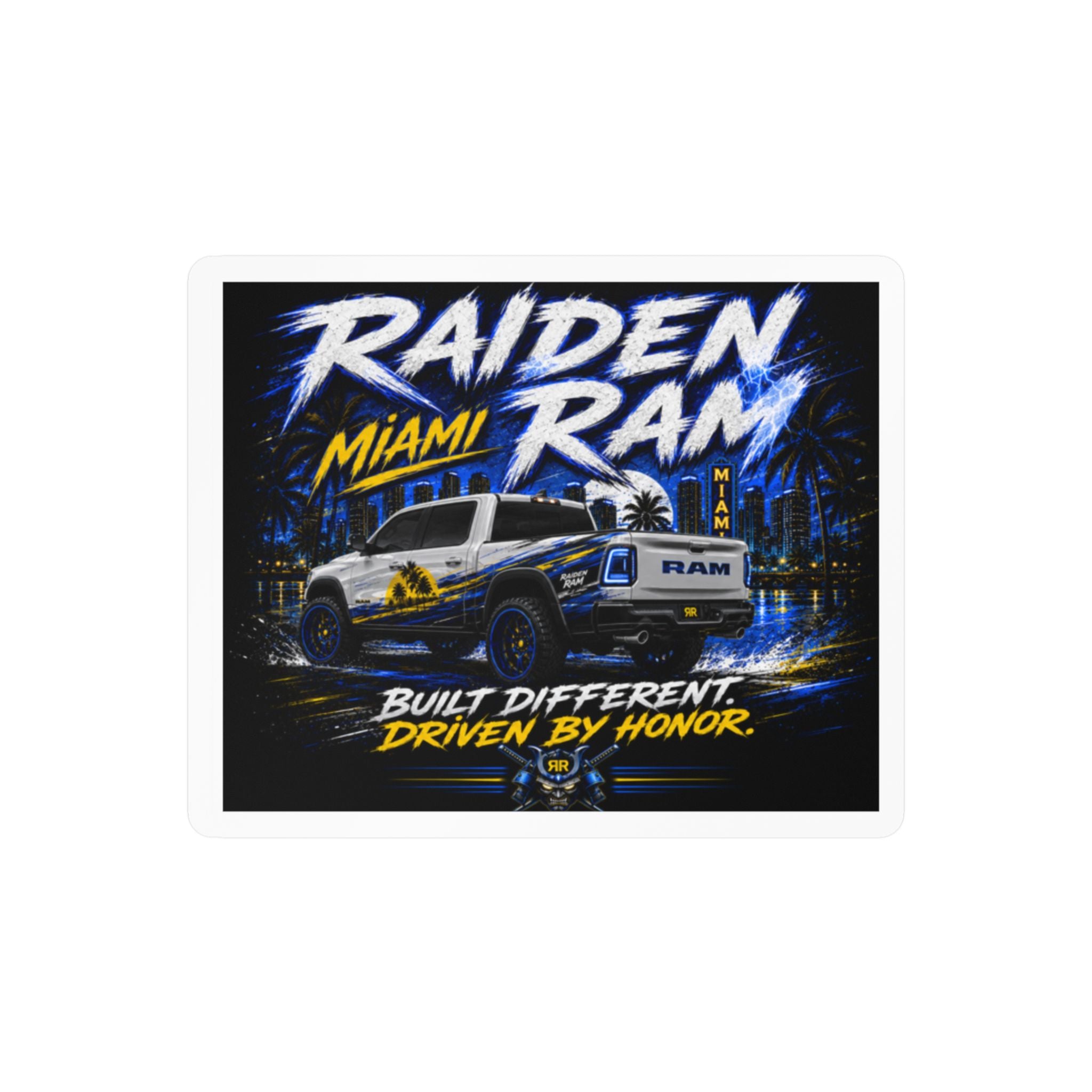 Raiden Ram Truck Kiss-Cut Vinyl Decal — "Built Different, Driven by Honor" Miami Night Design