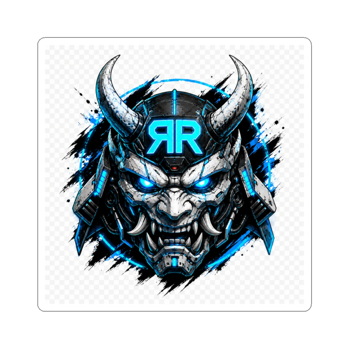 Samurai Demon Sticker — Blue Cyber Oni Kiss-Cut Decal for Laptops & Gear